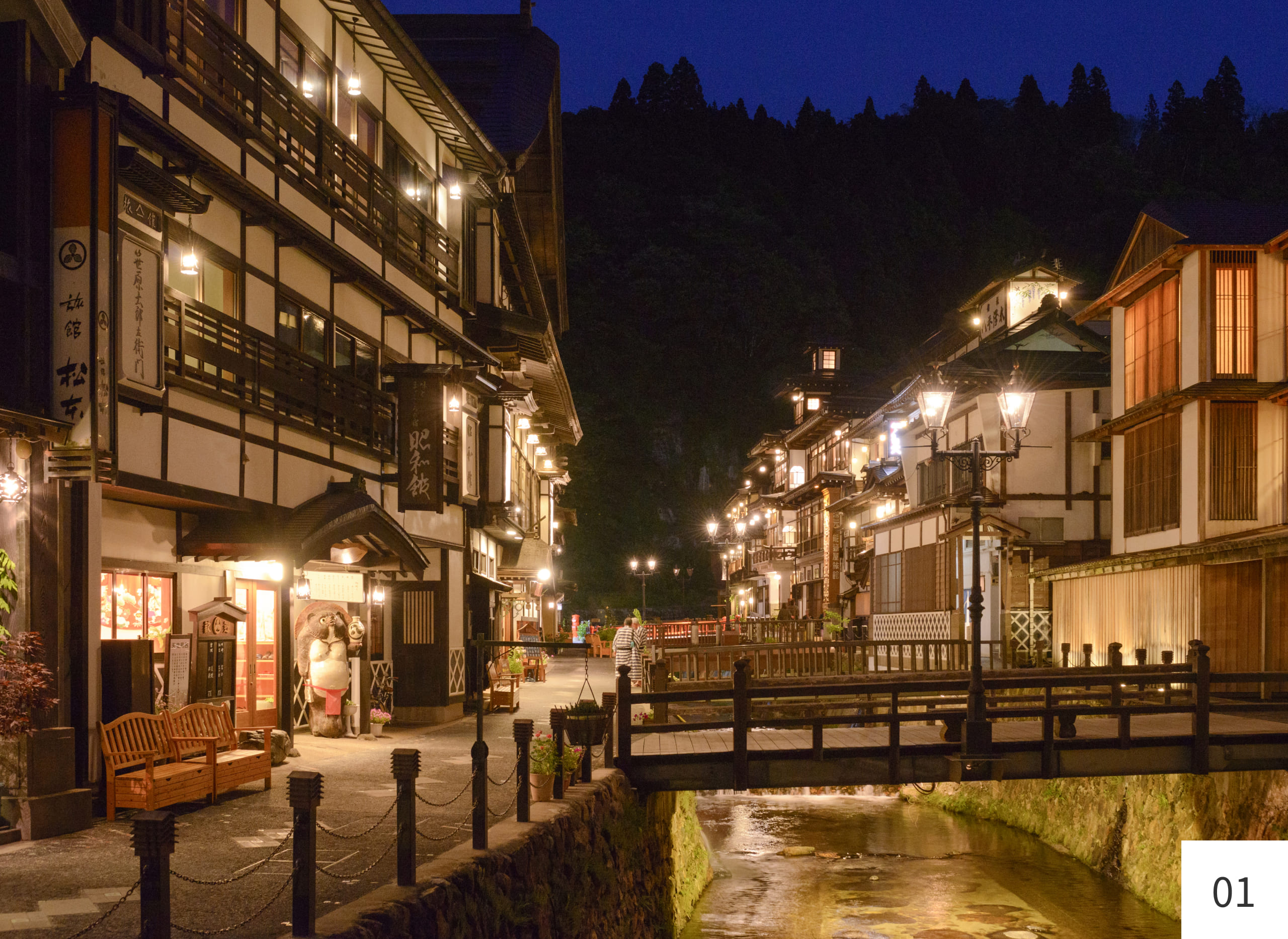 夜にライトアップされた銀山温泉街