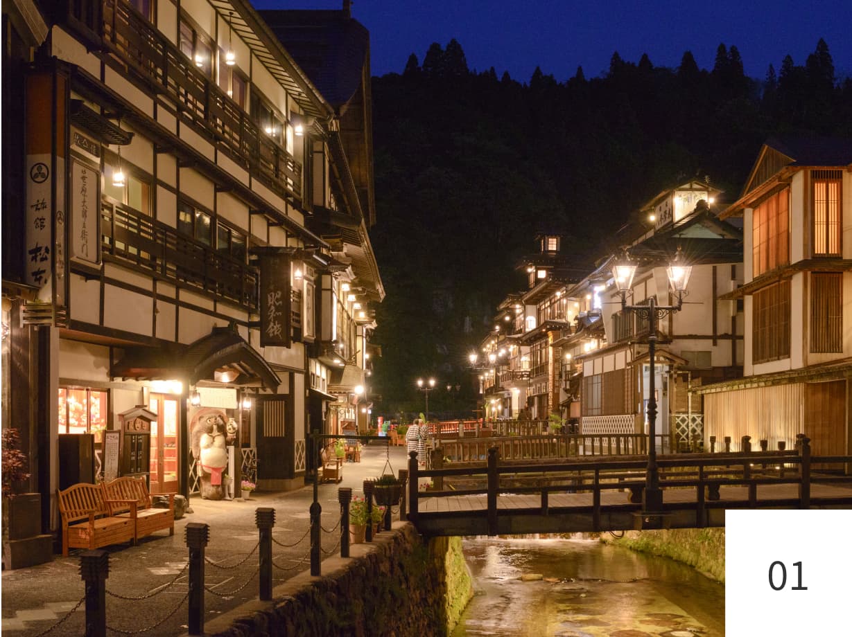 夜にライトアップされた銀山温泉街