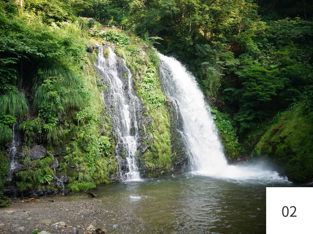 緑豊かな自然に囲まれた白い水しぶきを上げる白銀の滝